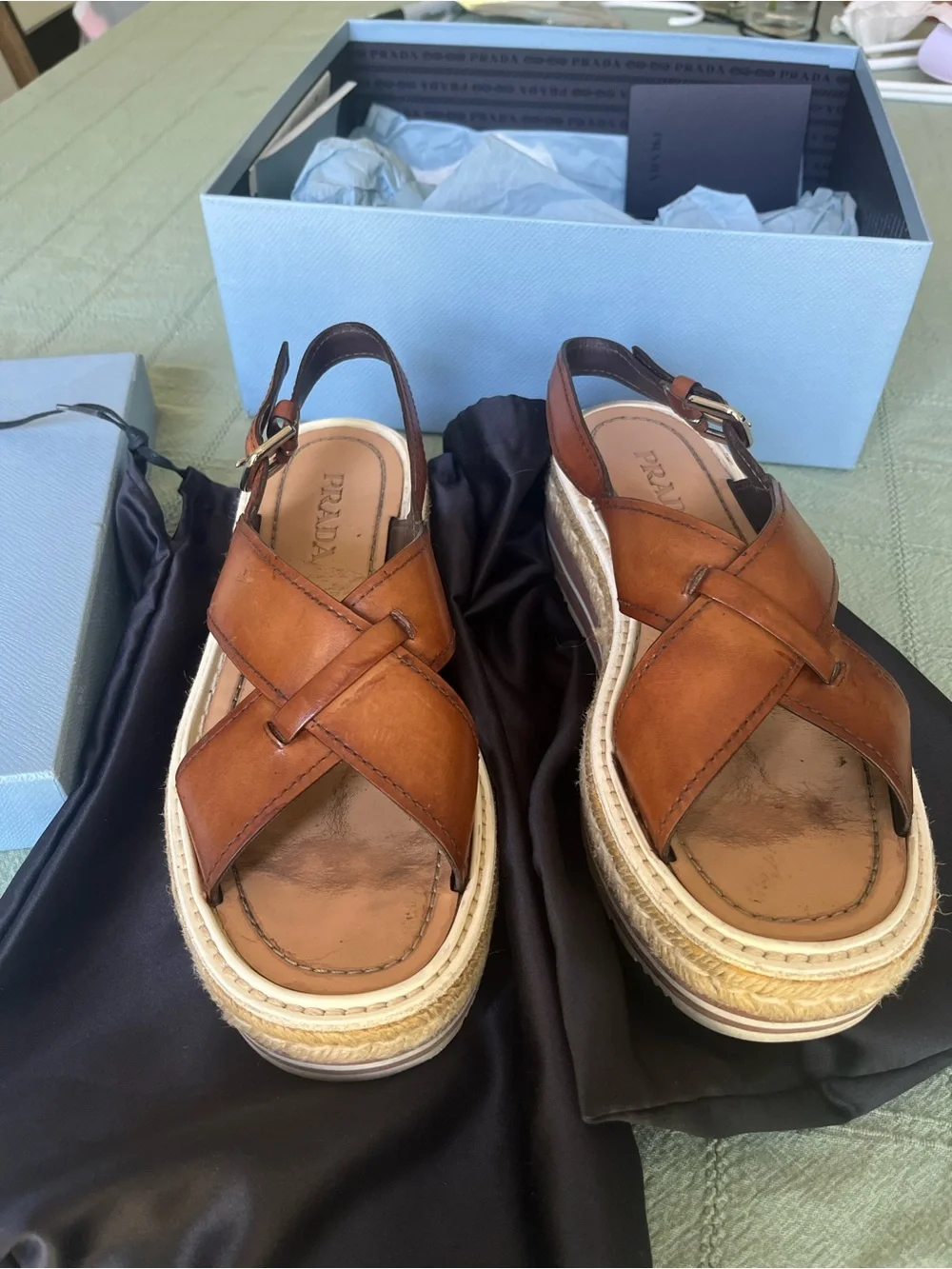 Prada Brown Leather Espadrille Platform Slingback Sandals